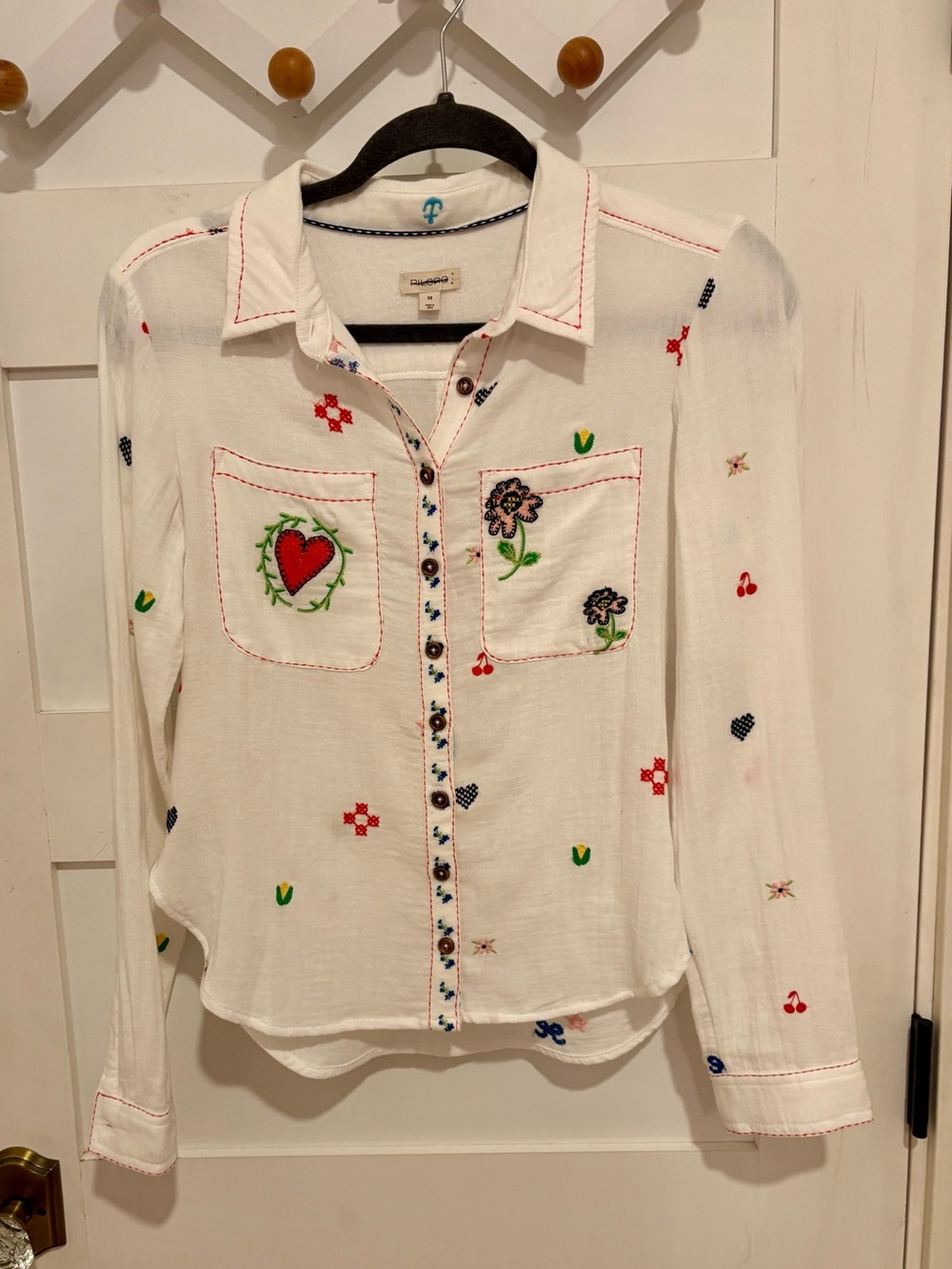 Pilcro 100% Cotton White Button-Up Shirt with Colorful Embroidery